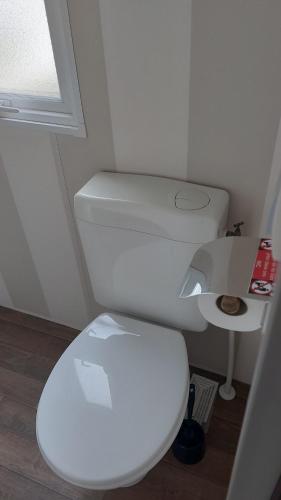 Elle comprend une petite salle de bains pourvue de toilettes blanches et d'une fenêtre. dans l'établissement chez bruno et dominique, à Boofzheim