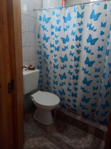 a bathroom with a toilet and a shower curtain with blue butterflies at A Pura Vida in Santa Teresita