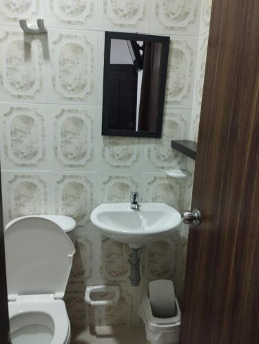 a bathroom with a toilet and a sink and a mirror at Hotel Casa Real Málaga Santander in Málaga