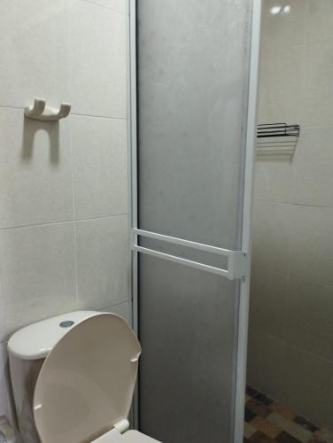 a bathroom with a toilet and a shower at Hotel Casa Real Málaga Santander in Málaga