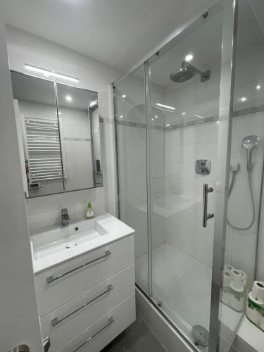 une salle de bain blanche avec une douche et un lavabo dans l'établissement Chez les artistes de Ménilmontant, à Paris