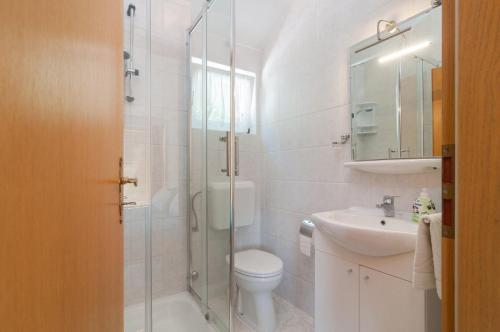 a bathroom with a shower and a toilet and a sink at Apartments Mira in Pučišća