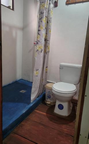 a bathroom with a toilet and a shower curtain at Coconut Surf in El Gigante