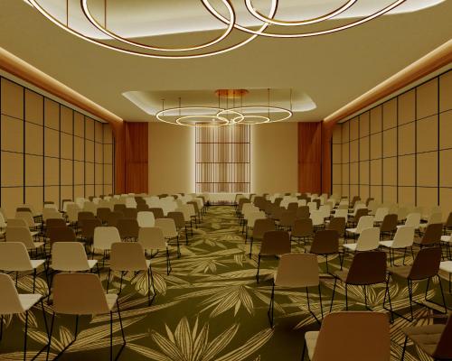 a room with chairs and tables and a chandelier at Secrets Playa Esmeralda Resort & Spa - All Inclusive in Miches