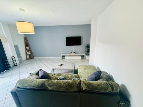 Una sala de estar con un sofá y un televisor. en La belle échappée Auxerre Centre, en Auxerre