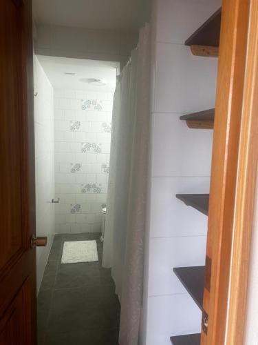 a small bathroom with a shower curtain in a room at Edificio Guadalauquen in Valdivia