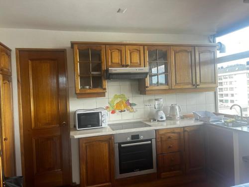 a kitchen with wooden cabinets and a sink and a microwave at Edificio Guadalauquen in Valdivia