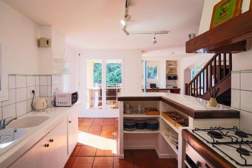 Il comprend une cuisine équipée d'un évier et d'une cuisinière. dans l'établissement Le Vieux Moulin, Cotignac, à Cotignac