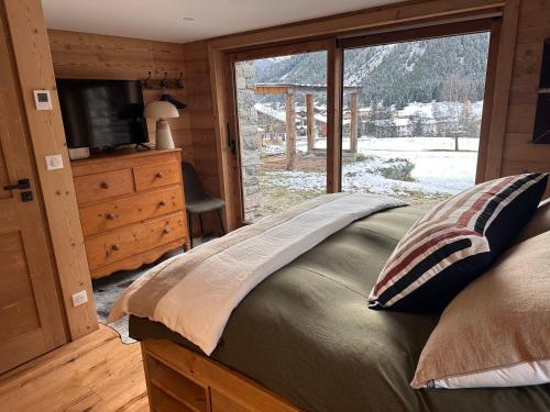 - une chambre avec un lit, une télévision et une fenêtre dans l'établissement Somptueux appart 3 pièces avec jardin, proche téléski, parking privé - FR-1-464-243, à Pralognan-la-Vanoise