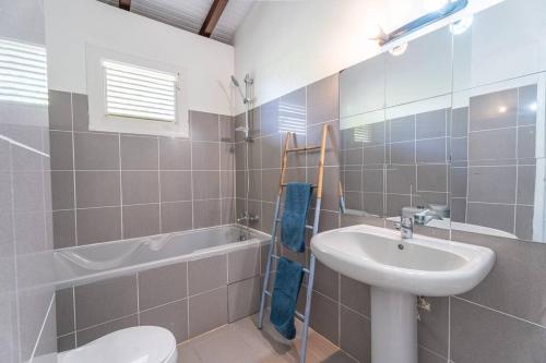 a bathroom with a sink and a toilet and a bath tub at Villa Ayiana, magnifique villa avec piscine in Sainte-Anne
