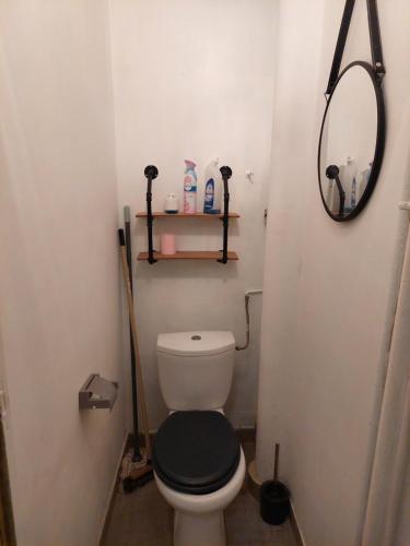 La salle de bains est pourvue de toilettes avec un siège noir et un miroir. dans l'établissement Studette, au Mans