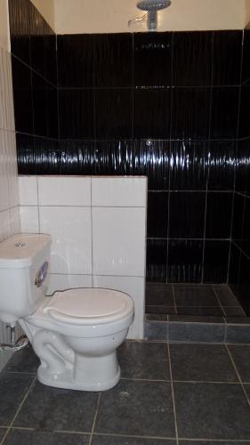a bathroom with a white toilet and a shower at Blue Pine Farm Lodge Cabanas in Coroico