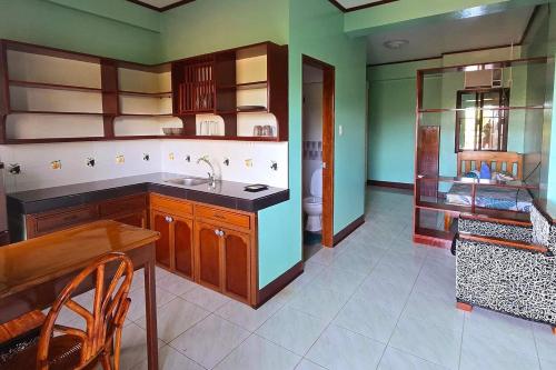 a kitchen with green walls and a sink and a table at Nober Pension House City Center in Puerto Princesa City