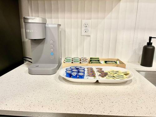 a counter with a food processor and a tray of food at Cozy Modern 1 Bedroom Apartment in Davenport