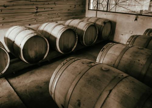 a row of wooden barrels in a room at Finca La Encantada in San Rafael