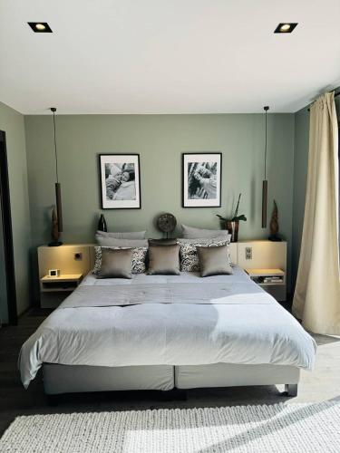 - un grand lit dans une chambre aux murs verts dans l'établissement Superbe villa Ty Tabarly, jacuzzi, salle de cinéma, à Crach