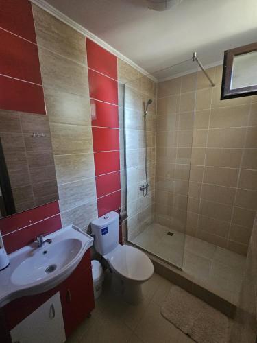 a bathroom with a toilet and a shower and a sink at The Bridge House in Balş