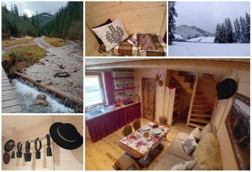 a collage of pictures of a cabin with a table and a river at Chatka w Dolinie in Witów