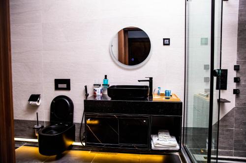 a bathroom with a sink and a toilet and a mirror at The Stallion Abuja in Abuja