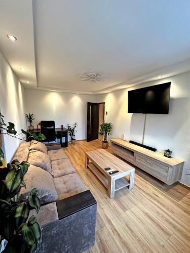 a living room with a couch and a flat screen tv at UltraCentral Apartment in Târgu Jiu