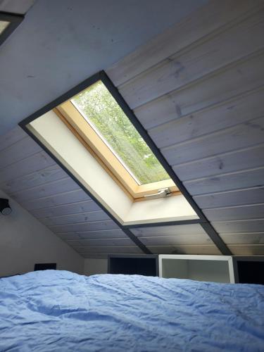 a skylight in a room with a bed at Bigge Elements Tinyhaus 5 "Wasser" in Olpe