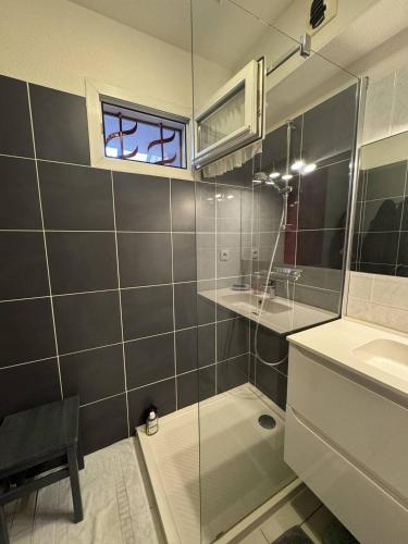 une salle de bain avec une douche en verre et un lavabo dans l'établissement STUDIO BIS Santa Reg, à Calvi