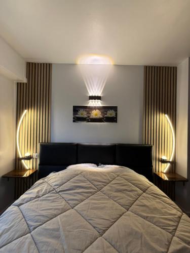 une chambre avec un lit et deux tables de chevet dans l'établissement 90m2 hyper centre Sauna, à Strasbourg