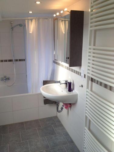 a bathroom with a sink and a shower and a tub at Haus-Nordsturm in Borkum