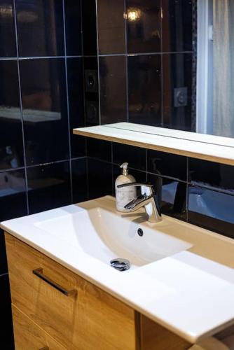 a bathroom sink with a bottle of soap on it at Villa Meyzieu Grand Large in Meyzieu