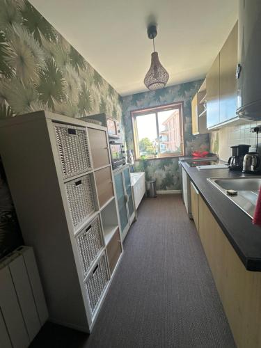 La cuisine est équipée d'un réfrigérateur et d'un évier. dans l'établissement Bel Appartement vue mer SAINT BREVIN LES PINS, à Saint-Brévin-les-Pins