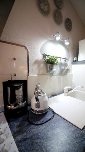 une cuisine avec un grille-pain sur un comptoir à côté d'une cuisinière dans l'établissement Les Colombages, à Biziat