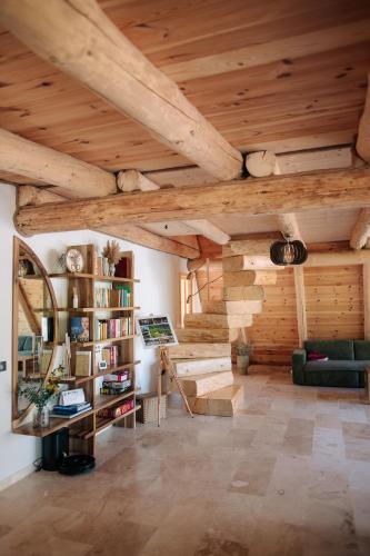 a living room with wooden ceilings and a green couch at Cabana Pietrusa in Cavnic