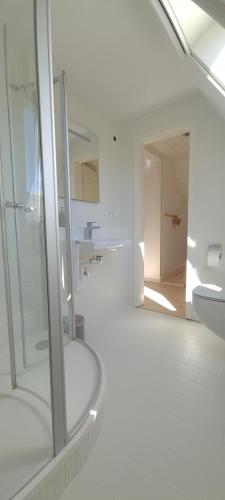 a white bathroom with a shower and a sink at Ferienhaus Sigmaringen mit Garten & Garage in Sigmaringen