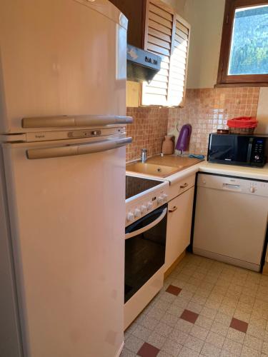 une cuisine avec un réfrigérateur blanc et un évier dans l'établissement Appartement au pied des pistes, à Uvernet