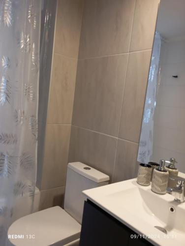 a bathroom with a toilet and a sink and a mirror at Disfruta de Valparaiso in Valparaíso