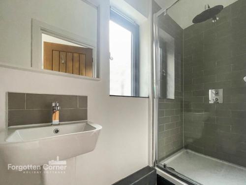 a bathroom with a shower and a sink and a tub at Wiggle Barn in Torpoint