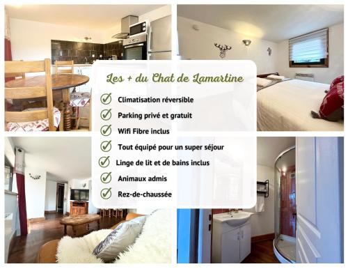 un collage de photos d'une chambre et d'une pièce dans l'établissement Le Chat de Lamartine- Clim Wifi Parking-CLG Savoie, à Saint-Pierre-dʼAlbigny