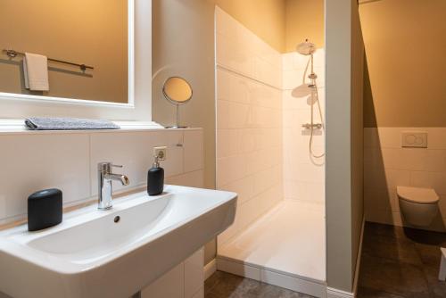 a bathroom with a sink and a shower at Storchenhof Blumenow in Blumenow