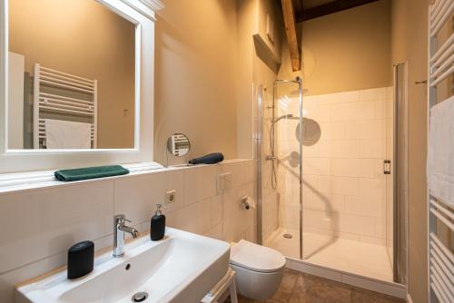 a bathroom with a sink and a shower at Storchenhof Blumenow in Blumenow
