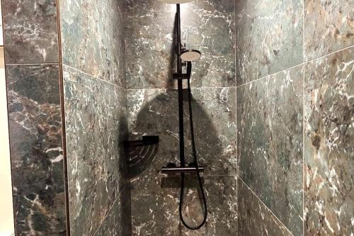 a shower with a light on a tiled wall at Location Location Location! in Galway