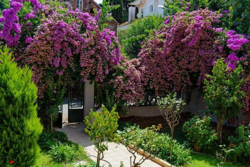 a garden with purple flowers on the side of a building at Modern and Designed 2BR W Garden in Adalar