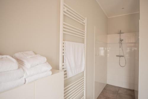 a white bathroom with white towels on a shelf at Storchenhof Blumenow in Blumenow