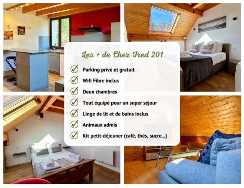 un collage de photos d'une chambre avec un lit et une cuisine dans l'établissement Chez Fred 201 - Parking Wifi - CLG Savoie, à Chevillard