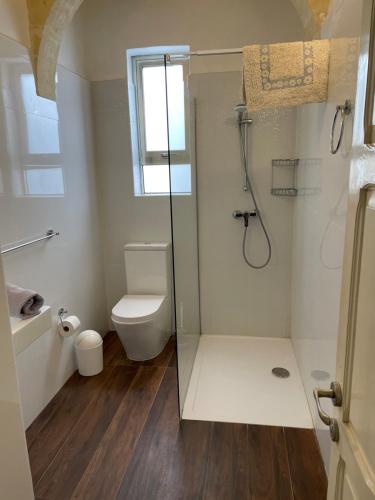 a bathroom with a shower and a toilet and a window at Nuffara - a charming traditional Farmhouse with a large pool in Xagħra
