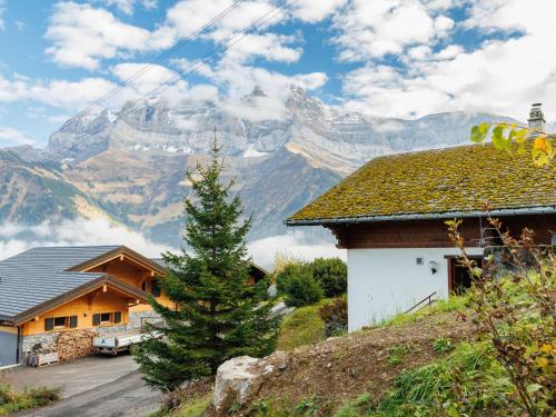 a house with a christmas tree in front of a mountain at Chalet Chalet Seravalle by Interhome in Les Crosets