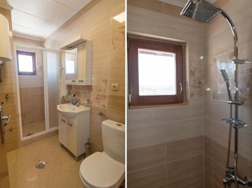 two pictures of a bathroom with a toilet and a shower at Vila Zlatna Pahulja in Bajina Bašta