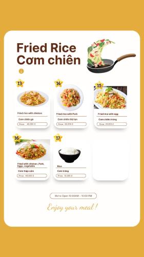 a screenshot of a menu for a fried rice corn chicken at Tam Coc Lavender Homestay -Authentic Ninh Binh Experiences in Ninh Binh