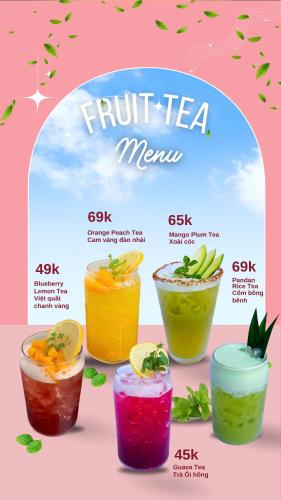a advertisement for fruit tea mexico with four different colored drinks at Tam Coc Lavender Homestay -Authentic Ninh Binh Experiences in Ninh Binh