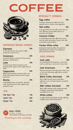 a menu for a coffee specialty drink and food at Tam Coc Lavender Homestay -Authentic Ninh Binh Experiences in Ninh Binh