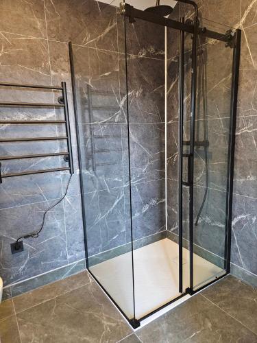 a shower with a glass door in a bathroom at Úthlíd Cottages in Úthlid